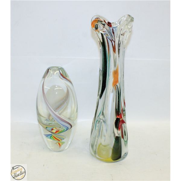 2 CLEAR SWIRL COLOURED ART GLASS VASES