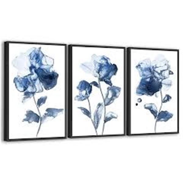 BRAND NEW LARGE FRAMED BLUE FLOWERS 3PK 16 X 24"