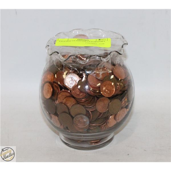 VINTAGE GLASS JAR OLD PENNIES