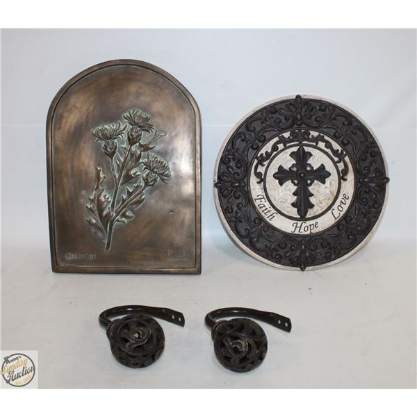 PAIR OF CARVED WALL HANGINGS + 2 MATCHING