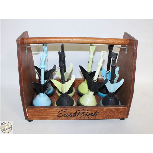 EAST POINT LAWN DART SET IN WOOD STORAGE BOX