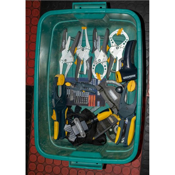 LIDDED TOTE OF ASSORTED ALL MASTERCRAFT TOOLS