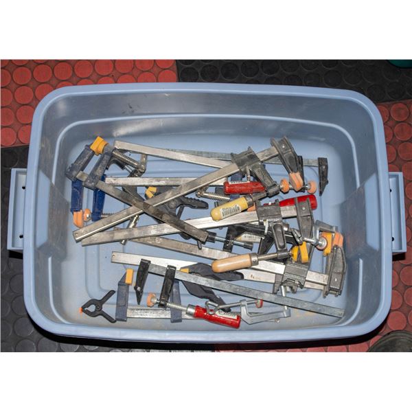 LIDDED TOTE OF ASSORTED CLAMPS