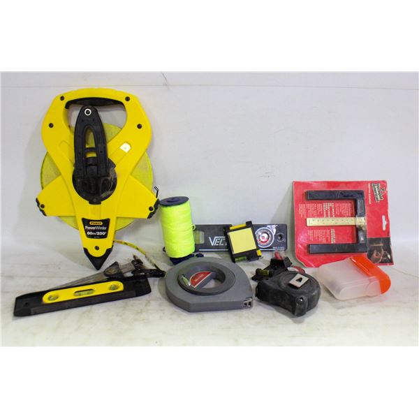 TOTE OF ASSORTED LEVELS, TAPE MEASURES