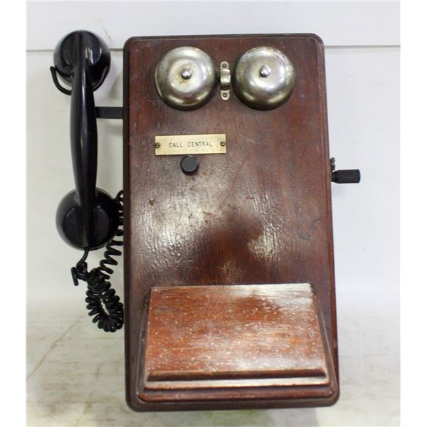 ANTIQUE WOODEN CRANK WALL PHONE