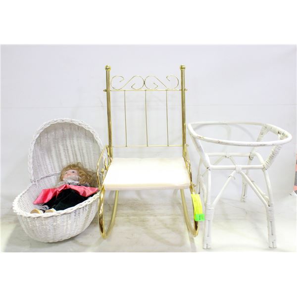 PORCELAIN DOLL + WICKER CRIB BED +