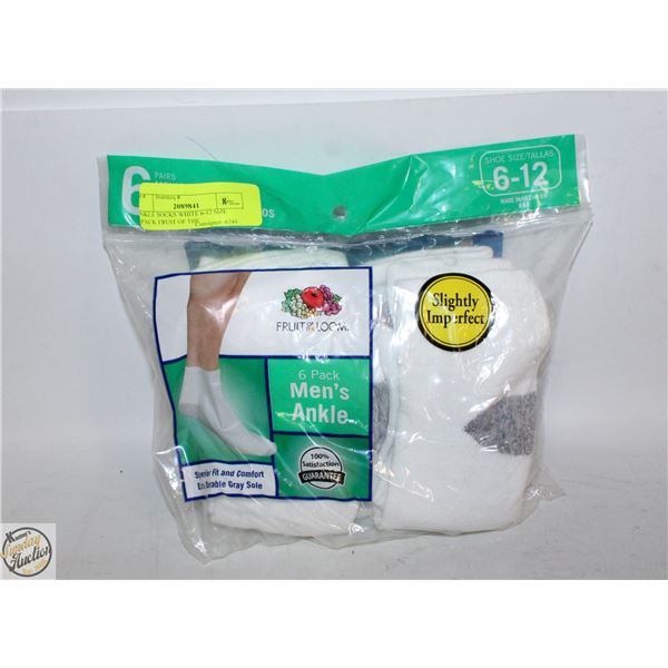 ANKLE SOCKS WHITE 6-12 SIZE 6-PACK FRUIT OF THE