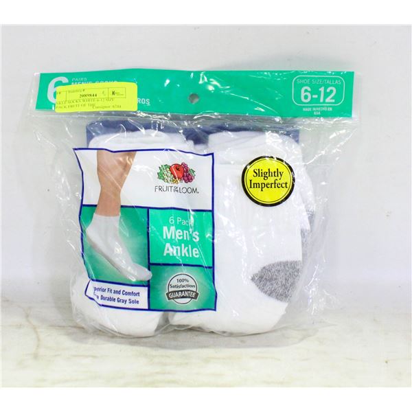 ANKLE SOCKS WHITE 6-12 SIZE 6-PACK FRUIT OF THE