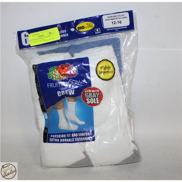 WHITE CREW SOCKS 12-16 SIZE 6-PACK FRUIT OF THE