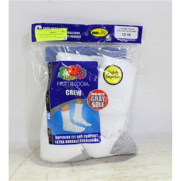 WHITE CREW SOCKS 12-16 SIZE 6-PACK FRUIT OF THE