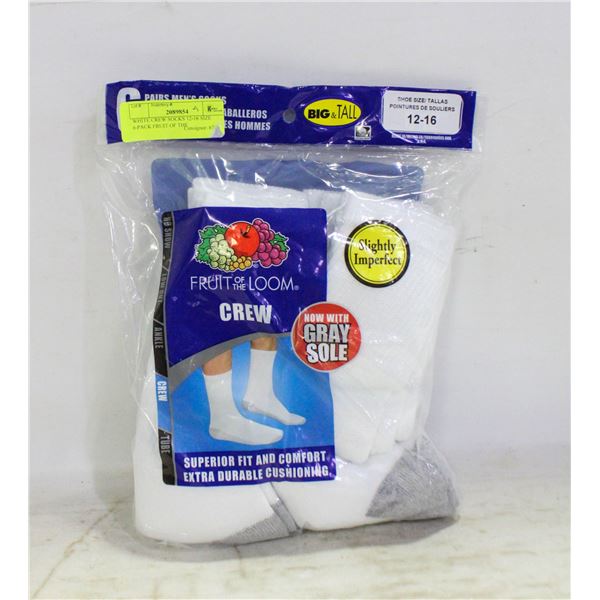 WHITE CREW SOCKS 12-16 SIZE 6-PACK FRUIT OF THE