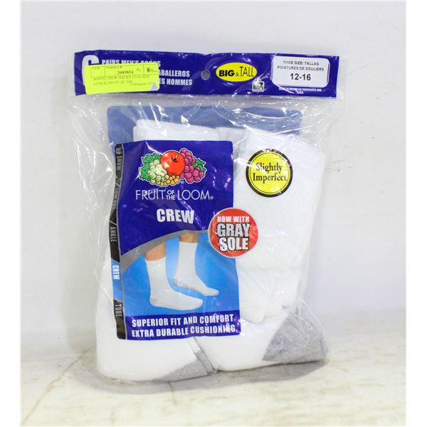 WHITE CREW SOCKS 12-16 SIZE 6-PACK FRUIT OF THE