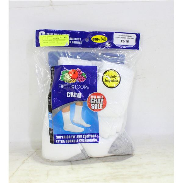 WHITE CREW SOCKS 12-16 SIZE 6-PACK FRUIT OF THE