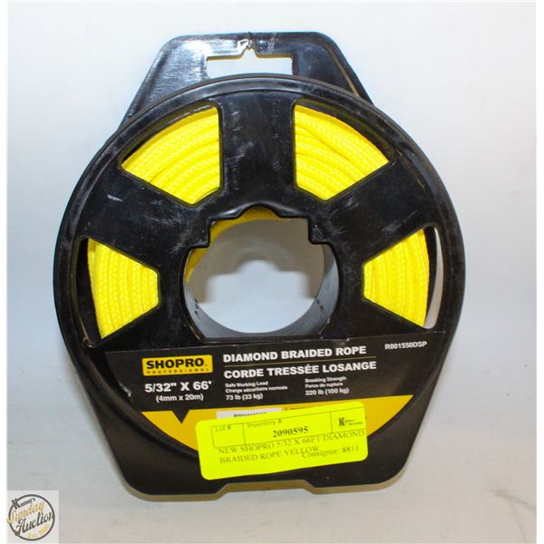 NEW SHOPRO 5/32 X 66FT DIAMOND BRAIDED ROPE YELLOW