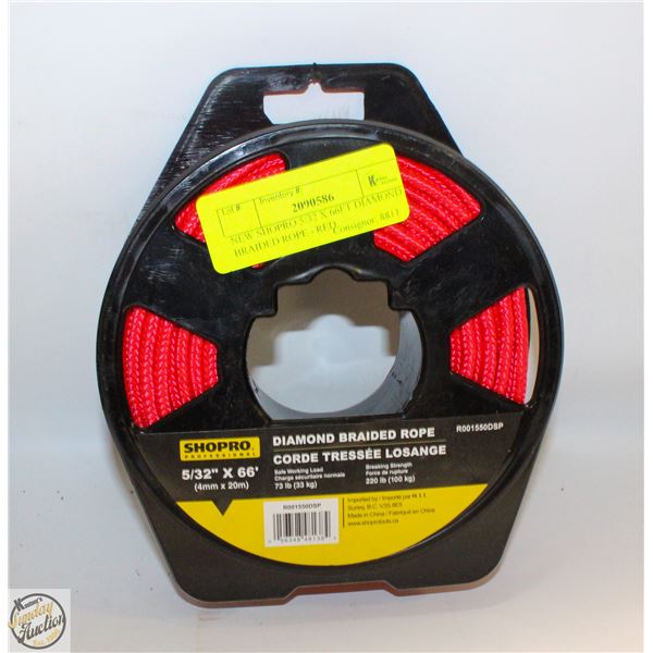 NEW SHOPRO 5/32 X 66FT DIAMOND BRAIDED ROPE - RED