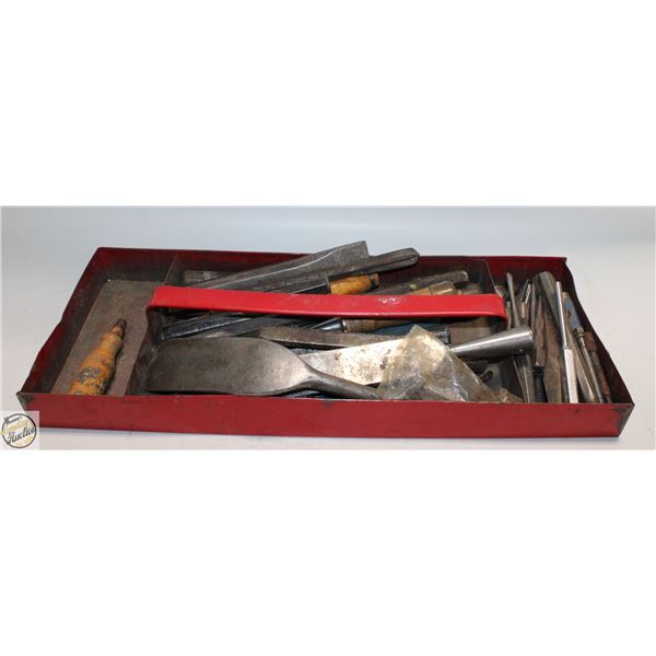 TOOL TRAY OF VARIOUS CHISELS CALLED