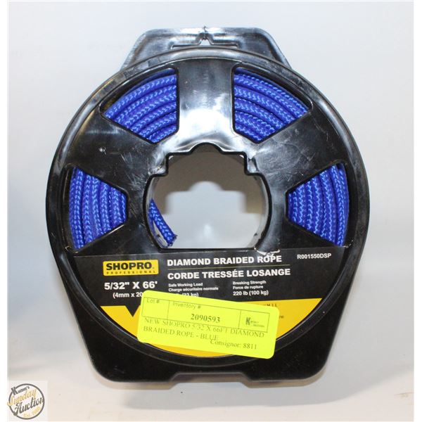 NEW SHOPRO 5/32 X 66FT DIAMOND BRAIDED ROPE - BLUE