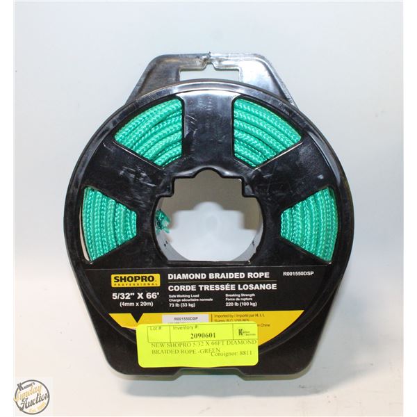 NEW SHOPRO 5/32 X 66FT DIAMOND BRAIDED ROPE -GREEN