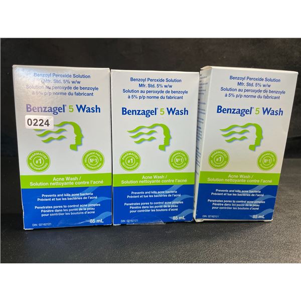 3 Benzagel 5% Benzoyl Peroxide Acne Wash; Prevents & Kills Acne Bacteria (85ml Each) - New