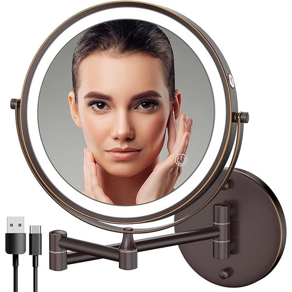 1 Rechargeable 8" LED Lighted Wall Mounted Makeup Mirror; Dual Sided w/ 1X/10X Magnification - NEW