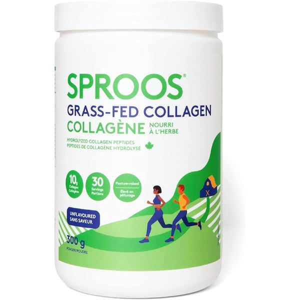 1 Tub of SPROOS Grass-Fed Collagen Powder; Hydrolyzed Collagen Peptides; Unflavoured (300g) - New
