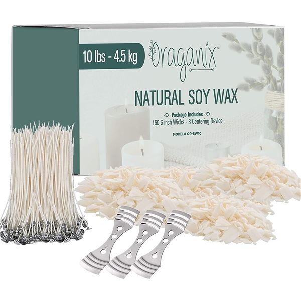 1 Organix 10LB Natural Soy Wax Candle Making Kit - Includes 150pc 6" Wicks/3 Centering Devices; New