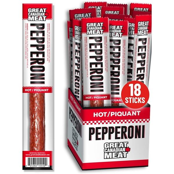 1 Box of Hot Pepperoni Sticks (18 x 22g Meat Stick Snacks) by Great Canadian Meat - New Sealed