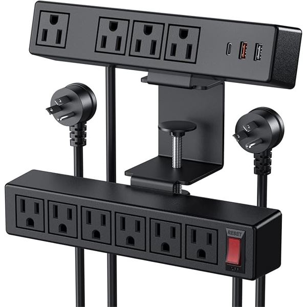 1 Double Layer Desk Clamp Power Strip Bar w/ 18W Fast Charge Station; 10 Outlets; 6Ft Cord - NEW