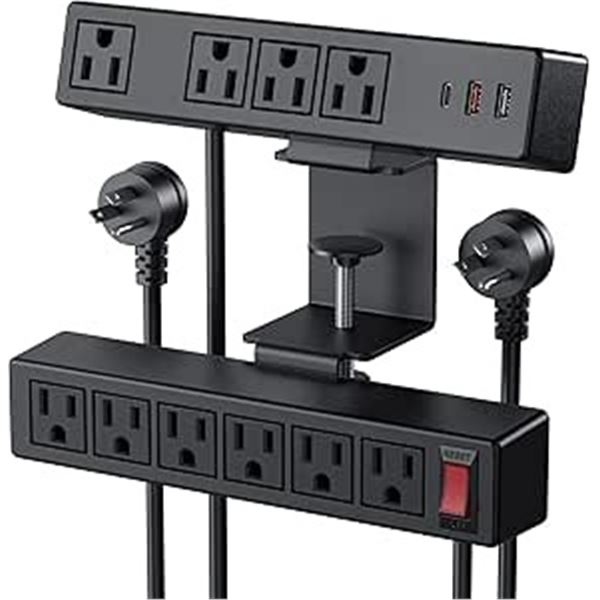 1 Double Layer Desk Clamp Power Strip Bar w/ 18W Fast Charge Station; 10 Outlets; 6Ft Cord - NEW