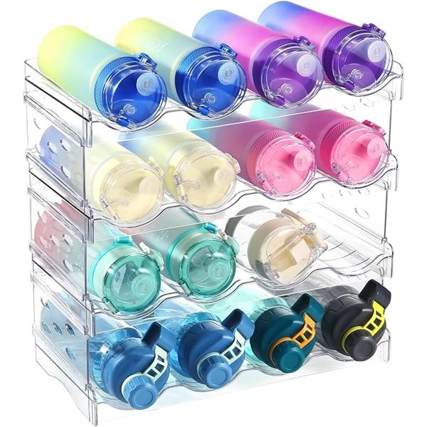 4-Tier Stackable Plastic Water Bottle Organizer Rack; For Water, Wine, Drinks (Holds 16 Bottles) New