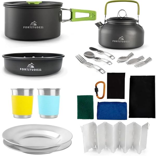 1 Fortitude21 Camping Cookware Set; 19PC Compact/Lightweight Cookware for Outdoors - New