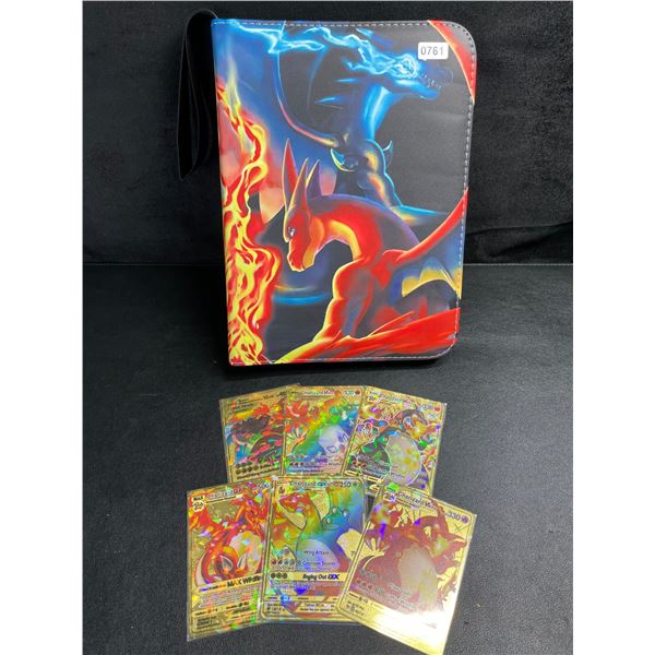 1 Leather Pokemon Card Storage Binder with 6 Metal Fan Art Cards - Brand New