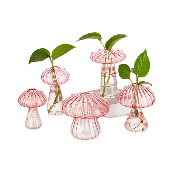 1 5PC Set of Pink/White Aesthetic Glass Mushroom Vases/Decor for Home and Office - New