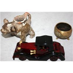 1 Hand Made Wood Car, Brass Pot, Pottery