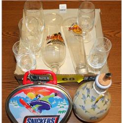Lot-- Misc. Glass Collectibles and Snickers Pail