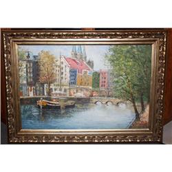 Framed Oil on Canvas of Venice Canal