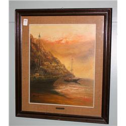 Framed Oil on Canvas of Ship in Ocean