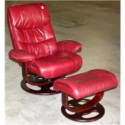 Maroon Leather Swivel Recliner Chair And Stool