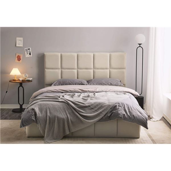BNIB Huston King Bedframe w/lift up storage - Beige - Retails: $1299 - Size: headboard height 47