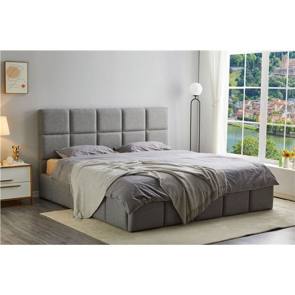 BNIB Huston King Bedframe w/lift up storage - Grey - Retails: $1299 - Size: headboard height 478