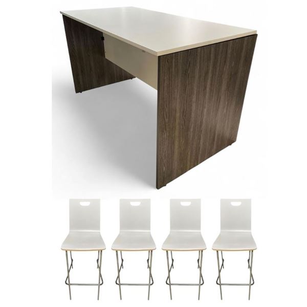 DHA Counter-Height Desk - Wood Grain Sides & White Top, Includes 4 White Bar-Height Chairs, Approx.