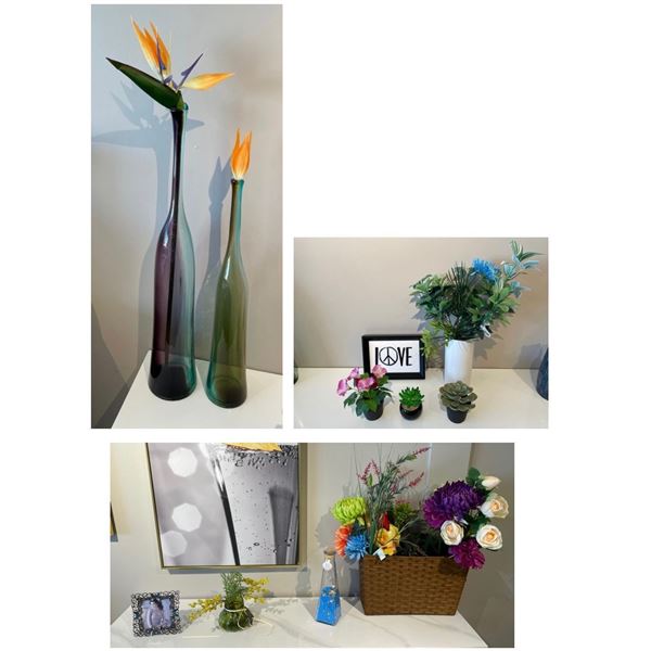 RS - Set of 2 Tall Glasss Vase and Group of Decorative Contents
