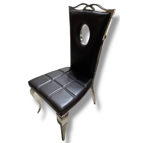 DAH - New Dark Brown Dining Chair with Circular Cutout Back and Chrome Legs