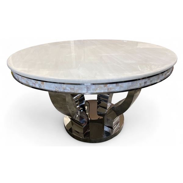 DAH - BNIB Elegant White Ceramic Round Table with Silver Base and Tiled Edge, Approx. H30 , 51  Diam