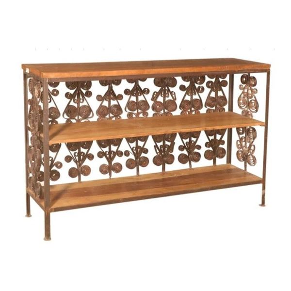 DAH - BNIB Iron Console Table With Teak Wood Top - 61x16x37 in - Retails: $1900