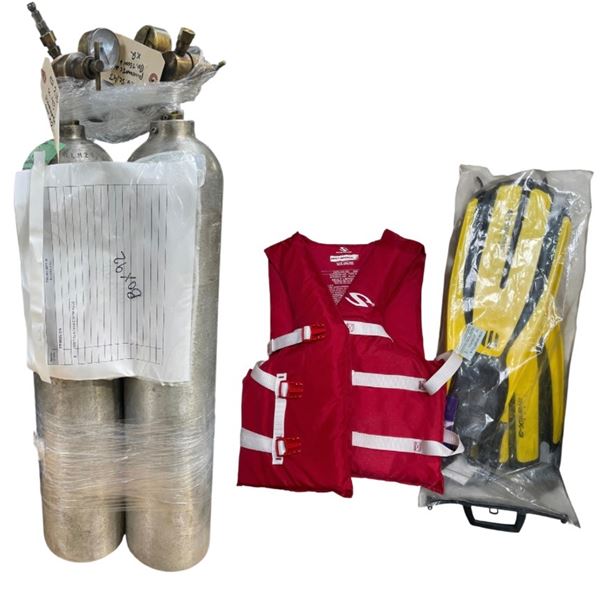Group of Misc Set Dec - Prop Bolt Gun Tanks, Lifevest, Flippers, Etc.