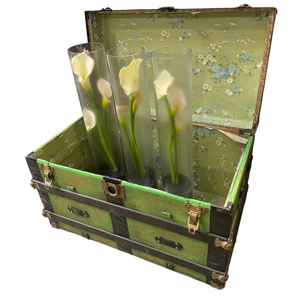 Vintage Green Trunk with Floral Lining and Three Tall Glass Vases Containing Artificial Calla Lilies