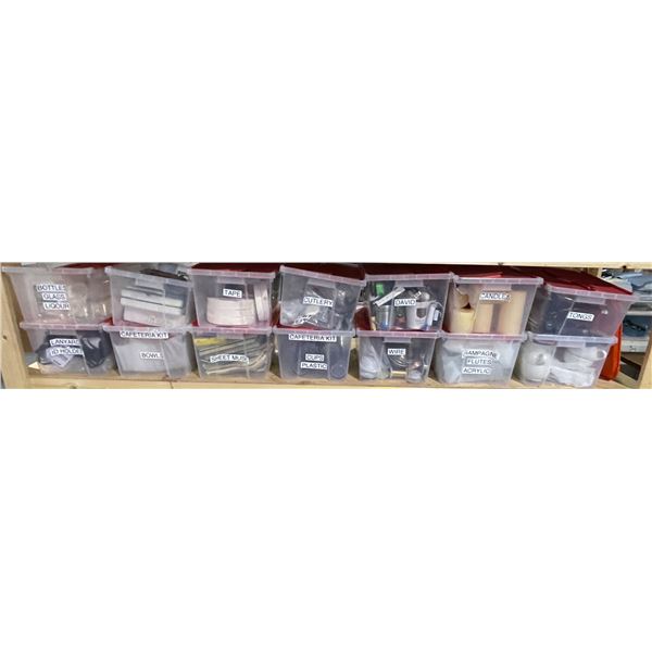 Shelf lot of Set Dec Misc - Layards, Bottles Glass, Tape, Sheet Music, Cutlery, Wire, Candles, Tongs