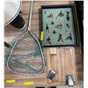 Image 1 : Fishing Lot: Aluminum Landing Net, Framed Assortment of Fly Fishing Lures & Wooden Cutting Board wit