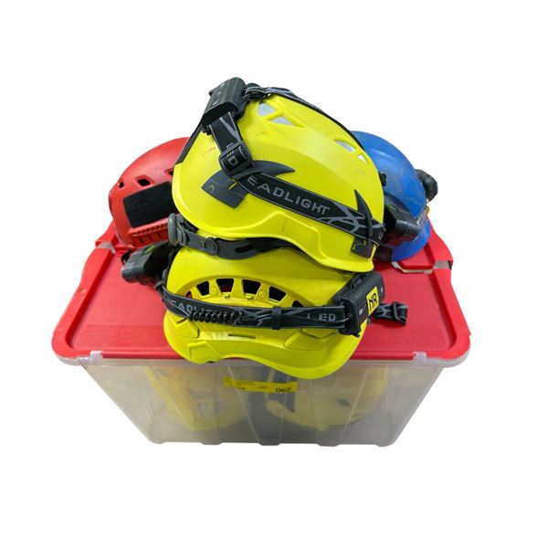 Storage Tote of High-Visibility Safety Helmets with LED Headlamps
